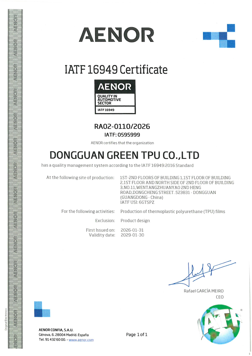IATF 16949:2016 Automotive Quality Certificate